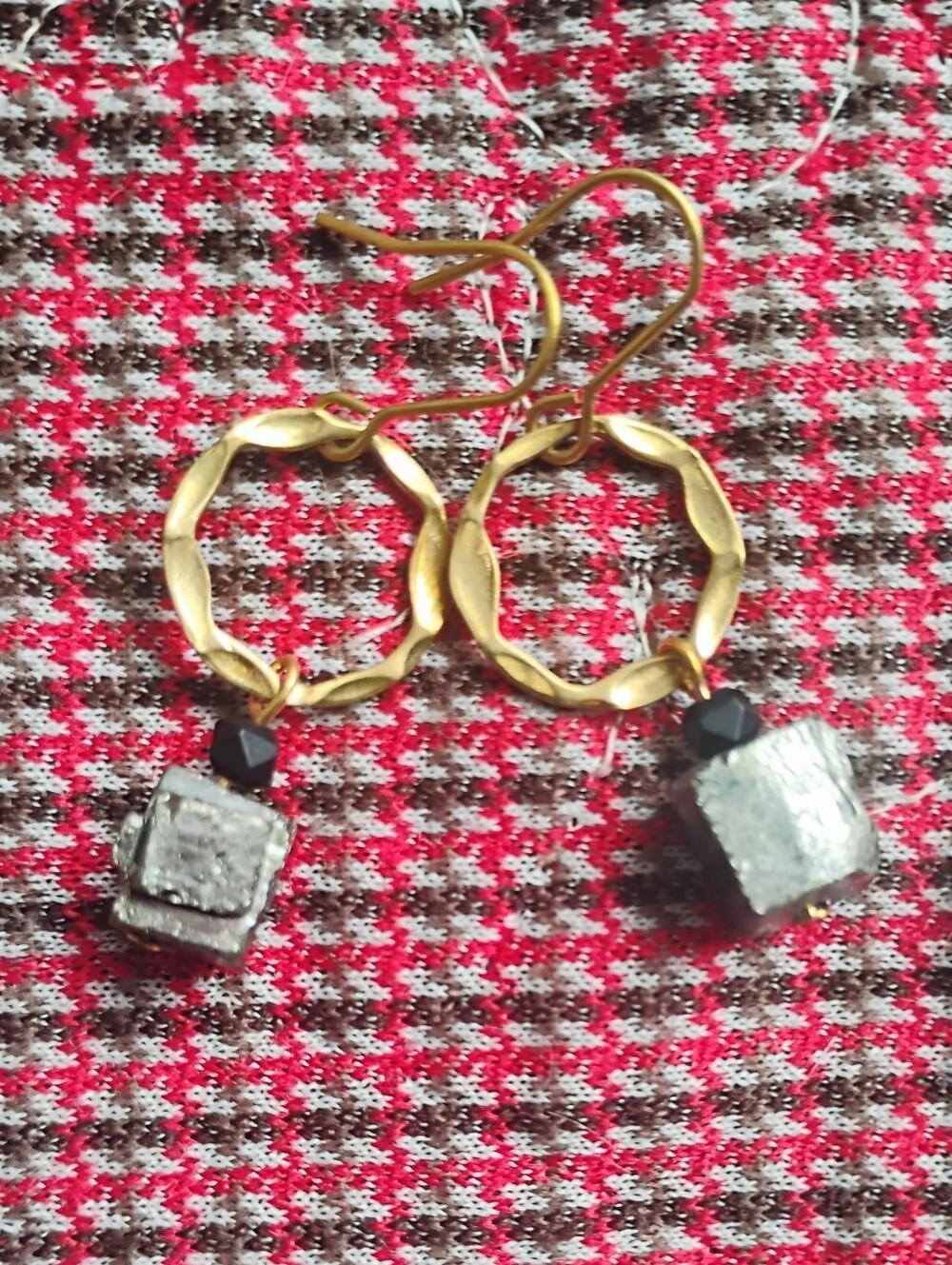 Pyrite Cube and Onyx Textured Handmade Earrings